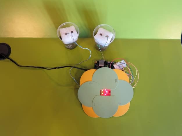 A close-up shot of a Raspberry Pi board connected to various sensors and modules, such as motion sensors, door sensors, and a camera, with wires neatly organized and labeled.