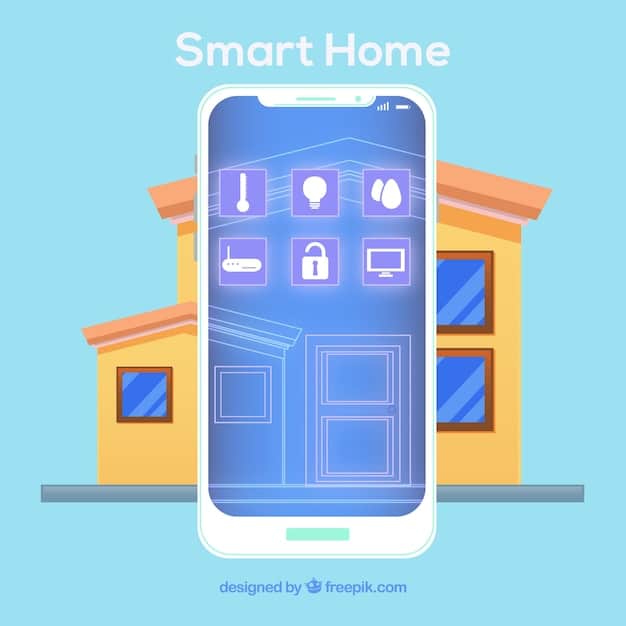 An illustration of a smartphone displaying a smart home app interface, showing controls for automated window blinds. The image highlights the ease of integration and user-friendly control offered by smart home systems.