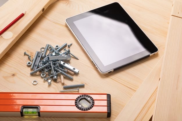 A table displaying various tools and materials needed for a DIY smart garage door opener installation. The items include a screwdriver set, a wrench set, a measuring tape, a drill, a ladder, a smart garage door opener kit, wiring, and mounting hardware.