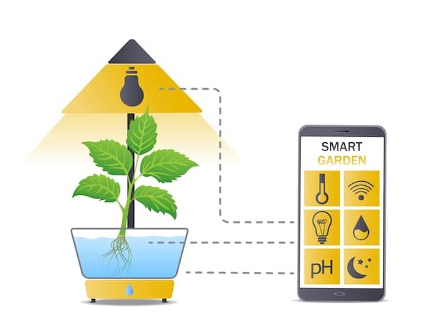 A diagram showing the layout of a simple DIY smart garden. The diagram shows a Raspberry Pi connected to moisture sensors and a water pump, with tubing running to different plants in a garden bed.