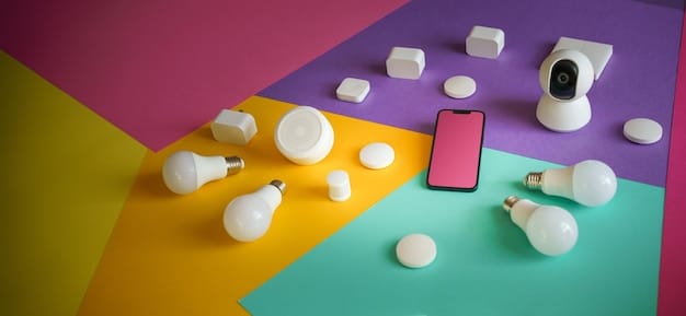 A close-up image of various smart light bulbs laid out on a table, showcasing different types, brands, and features, with a smartphone displaying a smart home control app in the background.