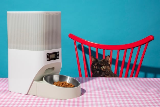 A wide shot of the DIY smart pet feeder in a home setting. A pet (cat or dog) is shown eating from the feeder, indicating successful implementation. The background subtly shows other smart home devices, reinforcing the Smart Home DIY theme.