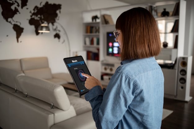 A person using a smartphone app to control smart home devices, with a visual representation of voice commands being translated into actions by a smart home hub.