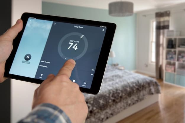 A close-up of a smart thermostat's touchscreen interface, displaying a graph of energy usage over the past week. The graph shows peaks and valleys, illustrating how the thermostat adjusts temperature to conserve energy.