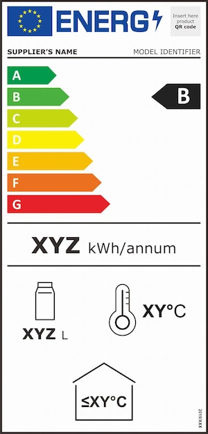 A close-up of an Energy Star label on a washing machine, highlighting its energy efficiency rating and potential savings. The background is blurred to focus on the label.