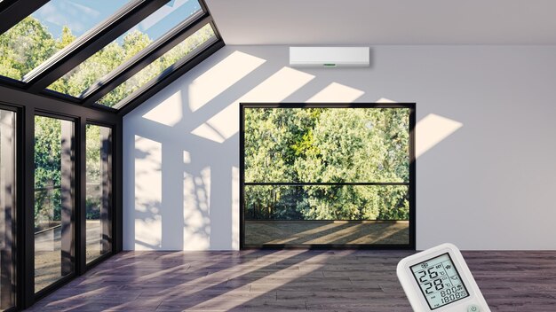 A modern living room with large windows. In the corner, there's a smart thermostat displaying energy usage statistics. The room is minimally furnished to emphasize efficiency.