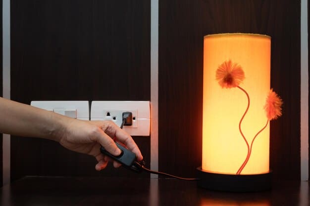 A smart plug plugged into a wall outlet, with a lamp connected to the smart plug. The scene is set in a cozy bedroom, and the smart plug's app is visible on a smartphone in the foreground, showing control options for the lamp.