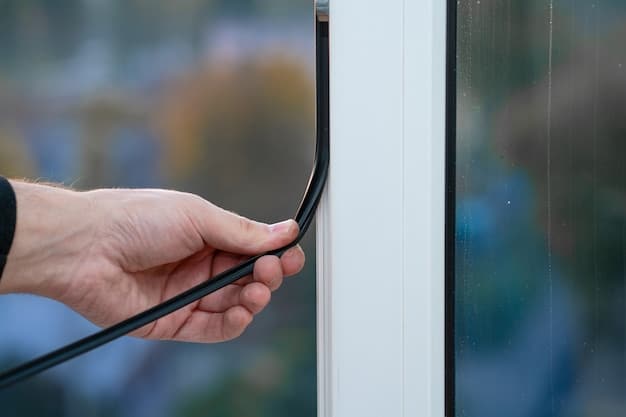 A close-up of a drafty window being sealed with weather stripping, demonstrating a simple yet effective method to prevent energy loss. The image highlights the detail of the weather stripping material and its application to the window frame.