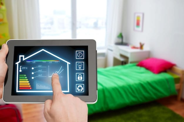 A smart thermostat displaying energy consumption data, emphasizing energy efficiency in home heating and cooling. The background shows a modern living room with energy-efficient lighting and appliances, illustrating a sustainable lifestyle.