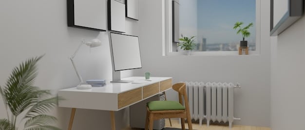 A minimalist home office space with a large window providing ample natural light onto the desk. Plants are strategically placed near the window to enhance the ambiance, and light-colored walls reflect the light, making the room feel spacious and airy.