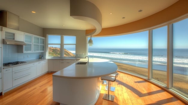 A sun-drenched kitchen featuring a large bay window above the sink, providing a panoramic view of the garden. Light-colored cabinetry and countertops reflect the natural light, making the kitchen feel open and airy.