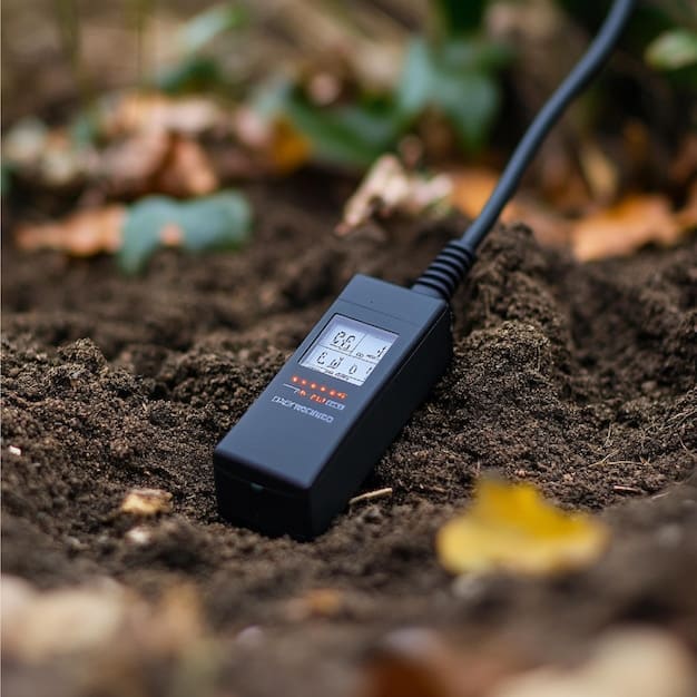 A close-up of a soil moisture sensor inserted into the ground, with a digital display showing the current moisture level. The background is slightly blurred, highlighting various plants in a garden.