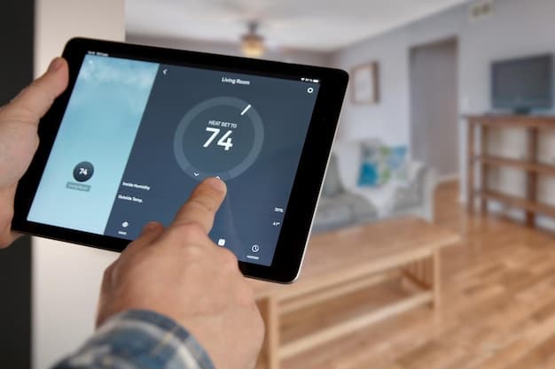 Close-up of a hand interacting with a smart thermostat's touchscreen interface. The screen displays energy usage statistics and scheduling options. The background shows a blurred view of a modern home interior.