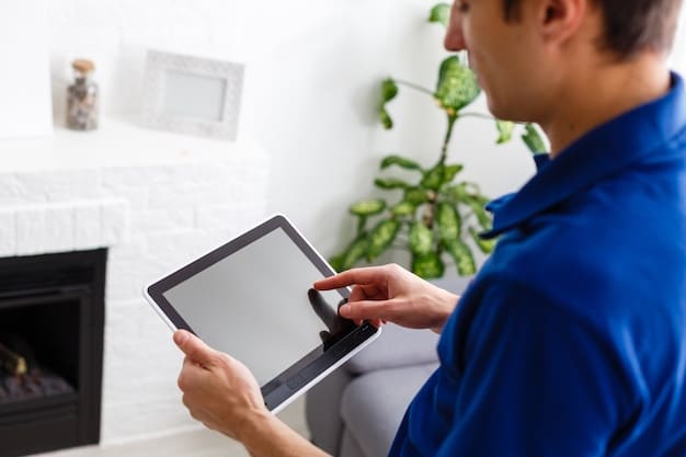 A person holding a tablet, scrolling through a list of Energy Star certified appliances on a utility company website. The screen shows details of available rebates and energy savings.