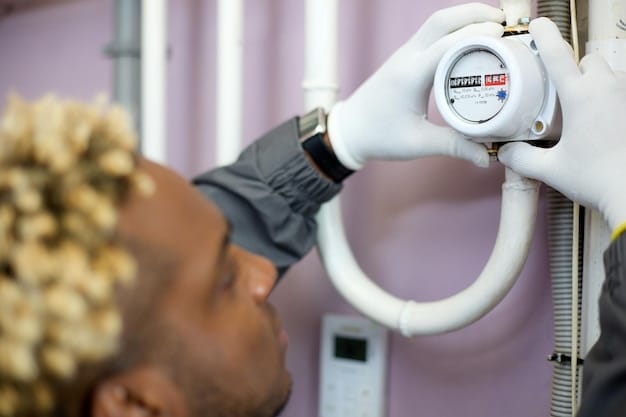 A close-up shot of a technician servicing a tankless water heater. The technician is using a wrench to tighten a fitting, and various tools are neatly arranged nearby. The focus is on the maintenance aspect, emphasizing the importance of professional servicing.