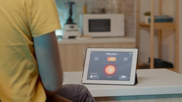 A close-up of a smart home security hub displaying user-friendly interface on a tablet, showing different security options and connected devices, highlighting the ease of use and control.