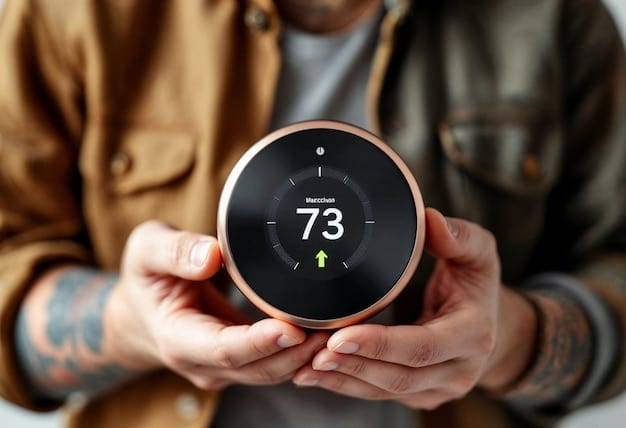 A close-up of a Nest Learning Thermostat displaying an energy-saving report on its screen, highlighting the user's energy consumption patterns and potential savings.