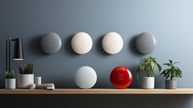 A close-up of different smart home hubs from various brands (Amazon Echo, Google Nest Hub, Apple HomePod) placed side by side on a minimalist table. The focus is on their design and interfaces, highlighting their physical differences and similarities.