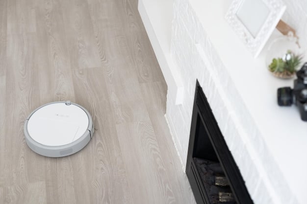 A robot vacuum with soft brushes gently cleaning a shiny hardwood floor, with a focus on the floor's polished surface.