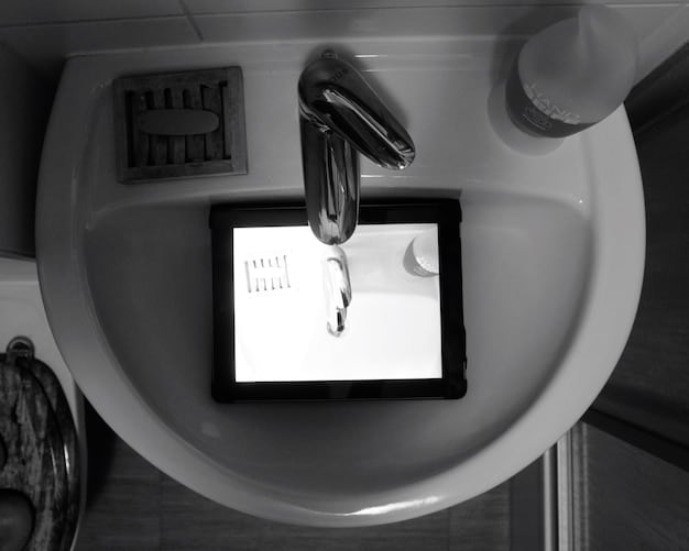 A split-screen image showing a smart leak detector placed under a kitchen sink on one side and another detector positioned behind a washing machine in a laundry room on the other side.