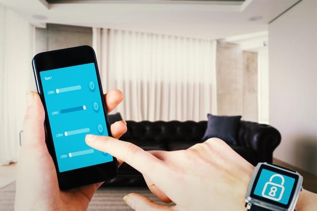 A user unlocking a smart lock with their smartphone. The smartphone screen shows the app interface with a prominent 