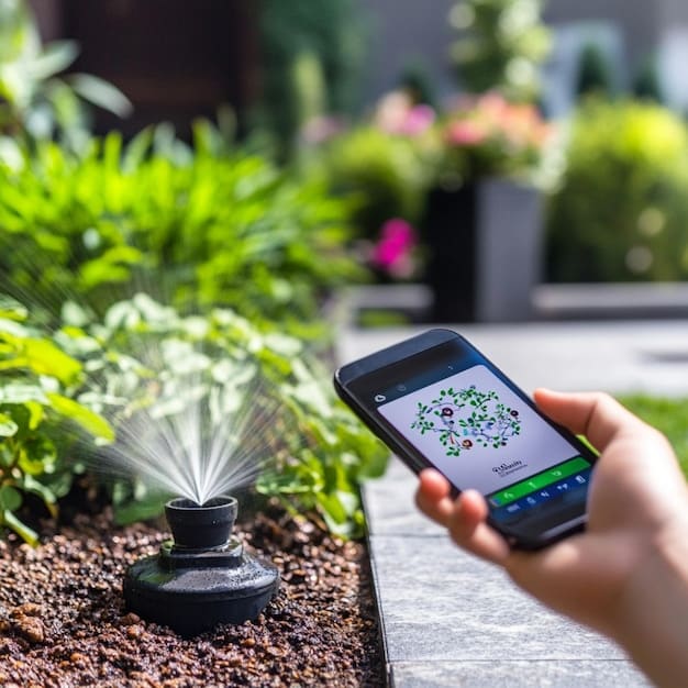 A smart irrigation system connected to a home Wi-Fi network, showing data being transmitted to a smartphone app. The background includes a modern home exterior and a lush garden, emphasizing the convenience and technological integration of smart irrigation.