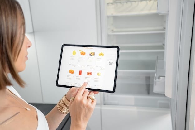 A close-up shot of a smart refrigerator's touchscreen interface, displaying a detailed inventory of the food inside, along with expiration dates and suggested recipes based on available ingredients.