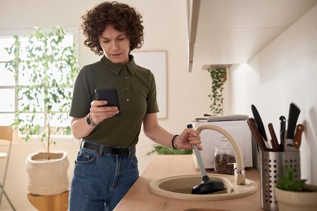 A user interacting with a smart dishwasher via a smartphone app, showcasing features like remote start and cycle monitoring. The scene should emphasize the convenience and control offered by smart dishwashers, with the user appearing satisfied and in a modern kitchen setting.