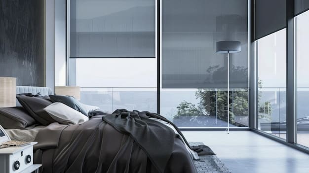 A stylish bedroom setting, featuring elegant smart shades that are seamlessly integrated into the window frame. The shades are made of a light-filtering material, creating a soft and ambient glow in the room.