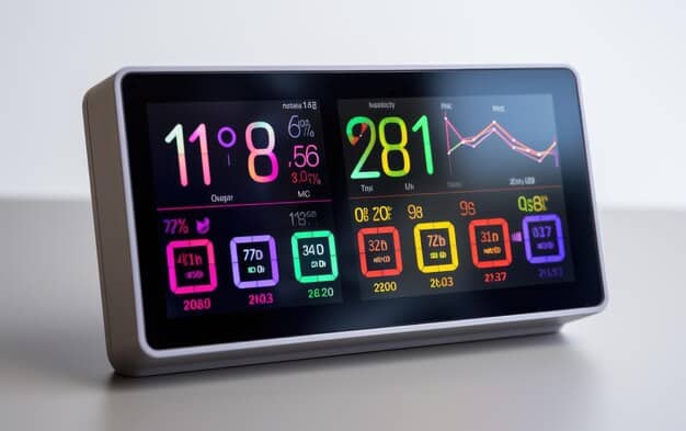 A smart energy monitor displays a graph of energy consumption over time. The graph shows a clear reduction in energy usage after the installation of smart home sensors. A hand is pointing to the reduction in energy usage on the graph.