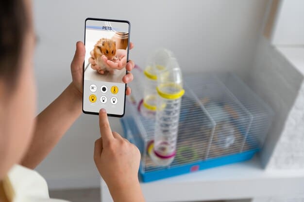 A close-up of an app interface on a smartphone, showing a smart pet feeder's control panel. Displayed are options for adjusting feeding times, portion sizes, and viewing historical feeding data, along with a photo of the pet.