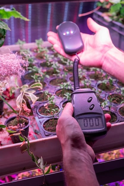 A person tending to a smart garden system, adjusting the settings on a digital control panel. Various herbs are seen growing healthily in the system.