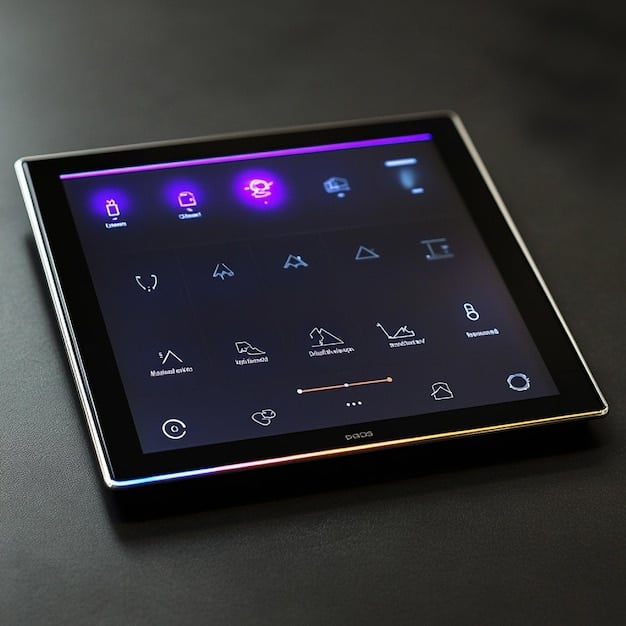 A close-up of a smart home control panel displaying a variety of device control options, including lighting, temperature, security, and entertainment. The interface is clean and intuitive.