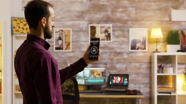 A user interacting with a smart home control panel to view live camera feeds and adjust security settings. The interface shows icons for door locks, motion sensors, and alarm status.