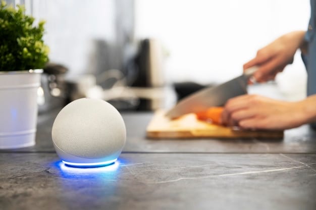 An image showing an Amazon Echo device (e.g., Echo Dot, Echo Show) controlling smart lights in a living room. The image should emphasize the seamless integration between Alexa and other smart home devices, highlighting Alexa's voice control capabilities.