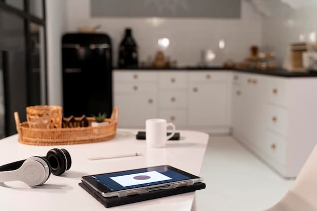 An image featuring an Apple HomePod device in a modern kitchen setting. The image should emphasize Siri's integration with Apple devices such as iPhones or iPads, highlighting Siri's ability to control smart home appliances through voice commands or the Apple Home app.