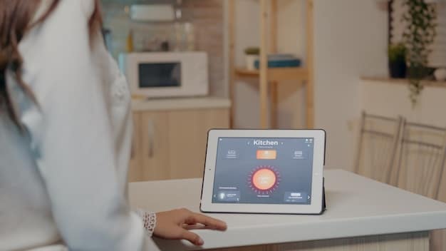 A smart home dashboard on a tablet, showing the integration of the smart thermostat with other devices like smart lights and smart blinds. The dashboard displays real-time energy usage and control options.