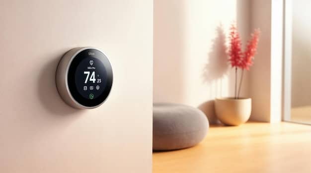A close-up of a smart thermostat with large, easy-to-read numbers and voice control options. It should be displayed in a modern home setting.
