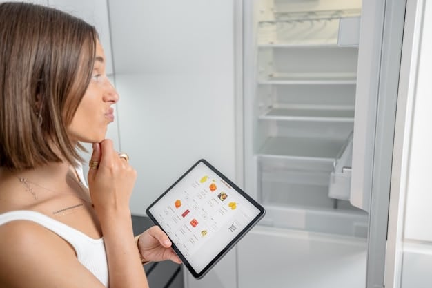 A smart refrigerator with a display showing the inventory and allowing voice-controlled grocery ordering. The setting should be a kitchen designed for wheelchair accessibility.