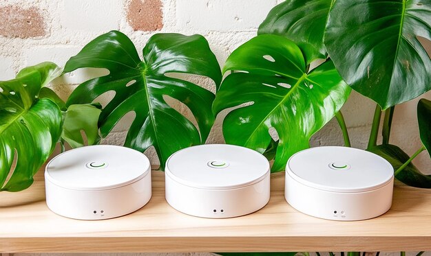 Three different smart home hubs from different brands are displayed side by side on a sleek, modern shelf. Each hub has a unique design but shares common features like LED indicators and connectivity ports.