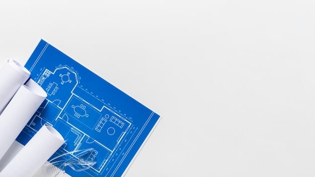An architect's blueprint for a smart home is spread out on a desk. The blueprint is overlaid with digital icons representing various smart home devices and systems, connected by lines indicating network connections.