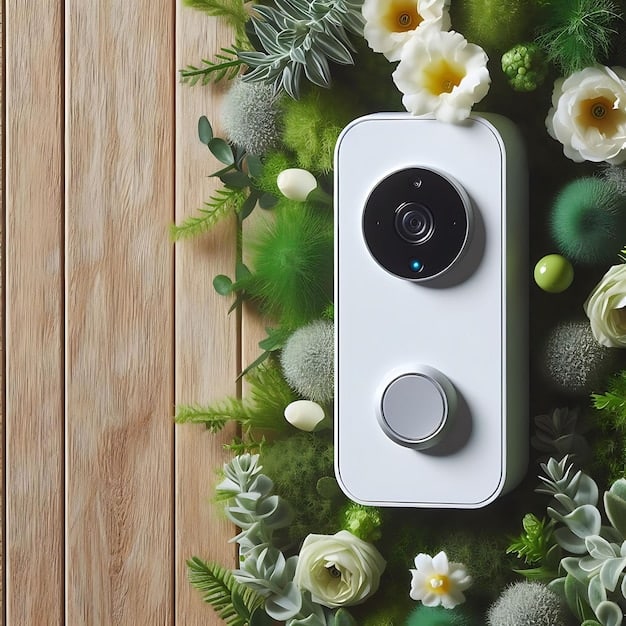 A close-up shot of a Google Nest Cam (outdoor or indoor, battery) mounted on a white wall inside cozy living room. The camera is angled slightly downward, capturing a wide view of a room with furniture and decor. The lighting is soft and natural.