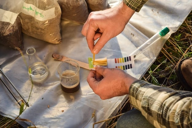 A gardener using a soil testing kit to analyze the composition of the soil in their backyard. The kit includes various tools such as a pH meter, a soil core sampler, and testing solutions. The background shows a lush garden with a variety of plants and flowers.