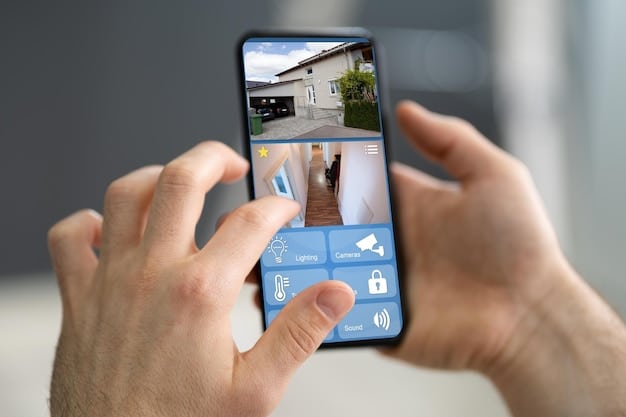A person using a smartphone app to monitor their home security system. The app displays live video feeds from security cameras and status updates from various sensors.