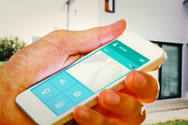 A close-up shot of a smartphone displaying a smart home app interface. The app shows controls for various kitchen appliances, including a refrigerator, oven, dishwasher, and coffee maker. Each appliance has its status and control options clearly displayed, allowing for easy remote management.