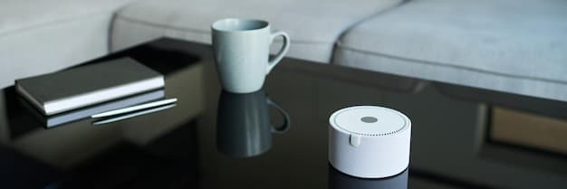 A close-up shot of a smart home hub (like Amazon Echo or Google Home) alongside a remote control, showcasing the central control point for the entire entertainment system. The background is slightly blurred, highlighting the devices.