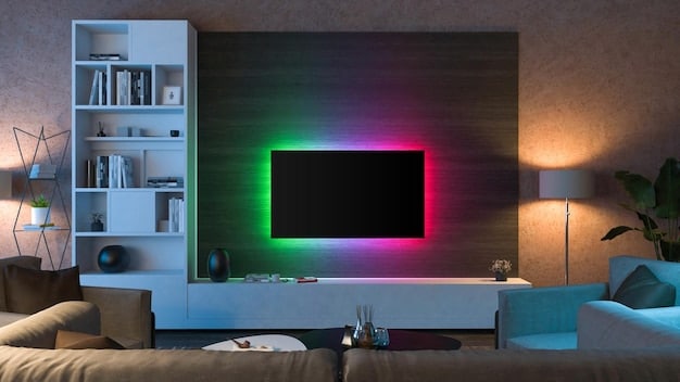 A dimly lit home theater with smart LED strip lights behind the TV, casting a soft, colorful glow on the wall. The image showcases the ambiance created by smart lighting during a movie night.