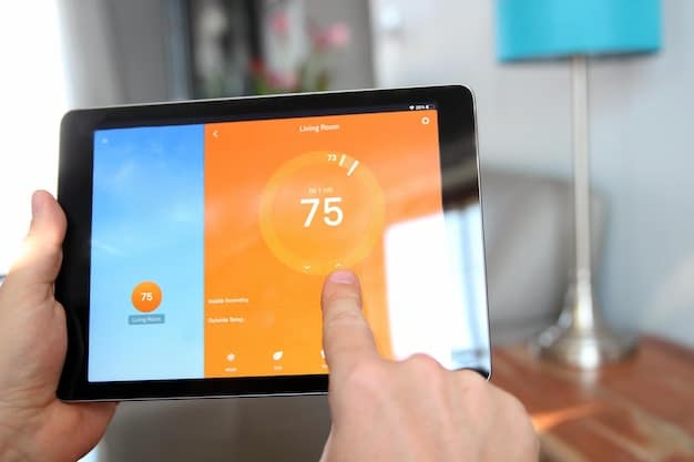 A close-up of a smart thermostat displaying energy usage data. The screen shows graphs and charts illustrating energy consumption patterns and highlighting areas for potential savings. The thermostat is sleek and modern, blending seamlessly with the home decor.