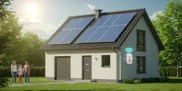 Family in front of an energy-efficient home with solar panels, symbolizing federal tax credit benefits