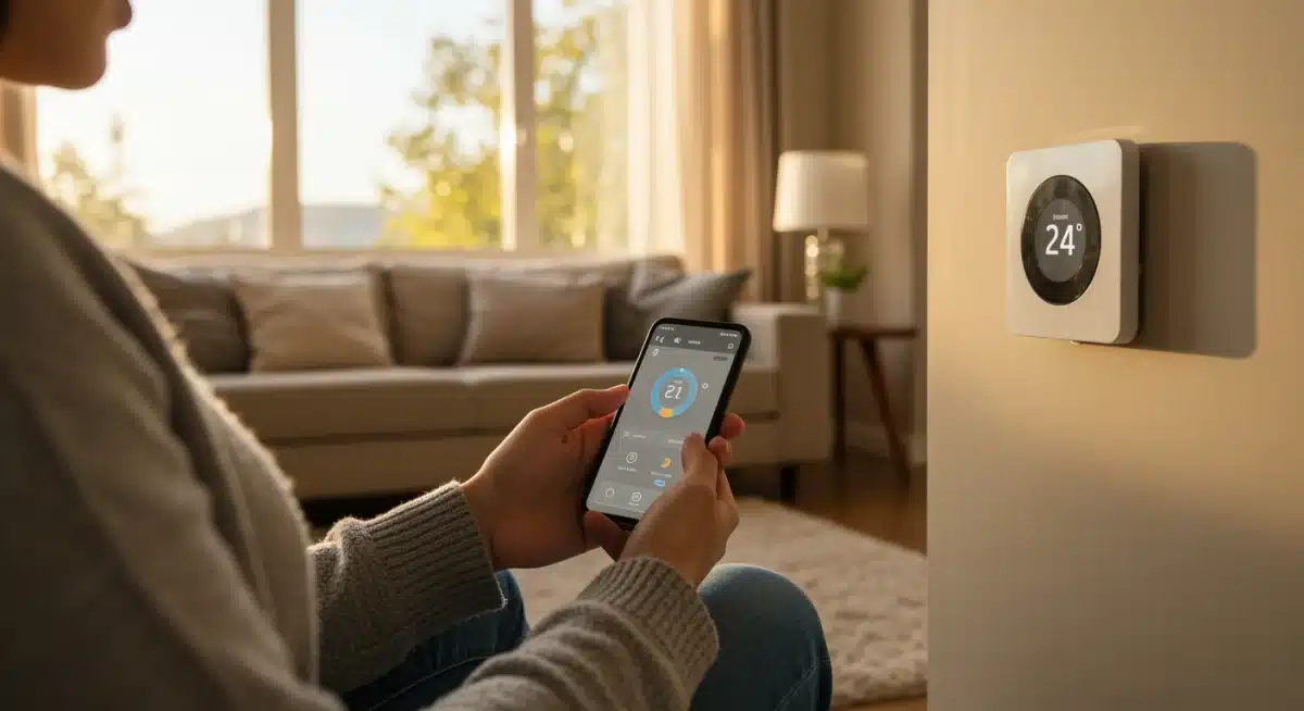 Person adjusting smart thermostat with phone app
